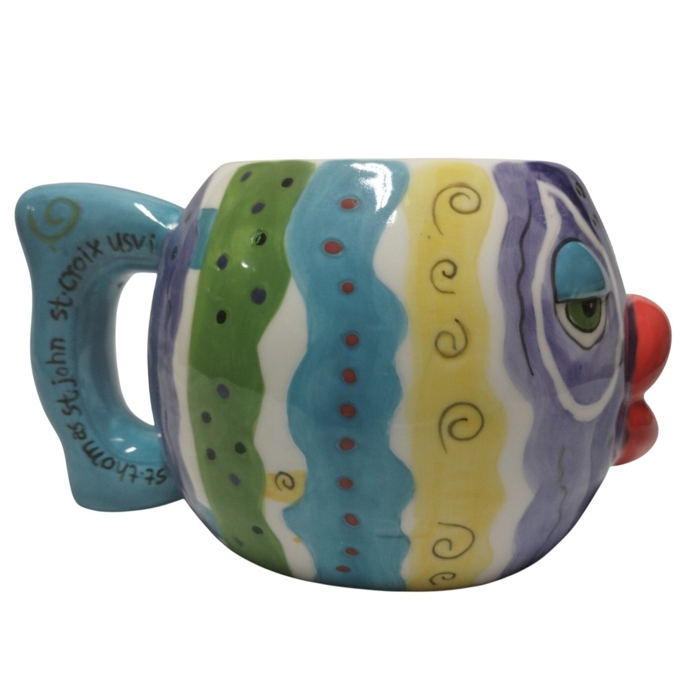 Sassy St Thomas Studios Fish Mug 3D Face Lips‎ Whimsical Colorful Coffee Cup